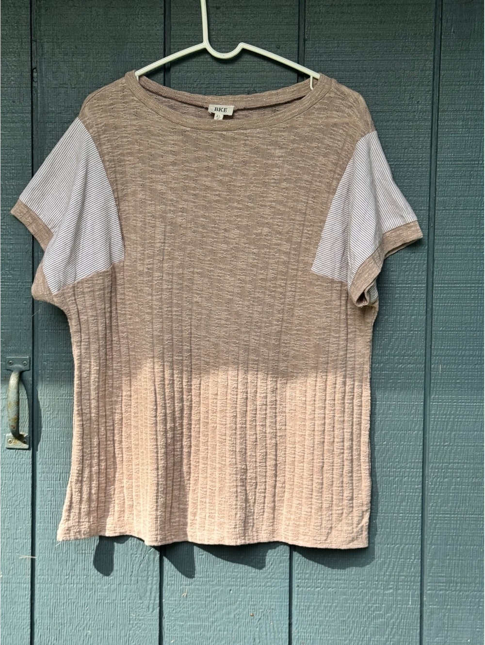 BKE XL Beige and White Short Sleeve Knit Top with Stripe Detail